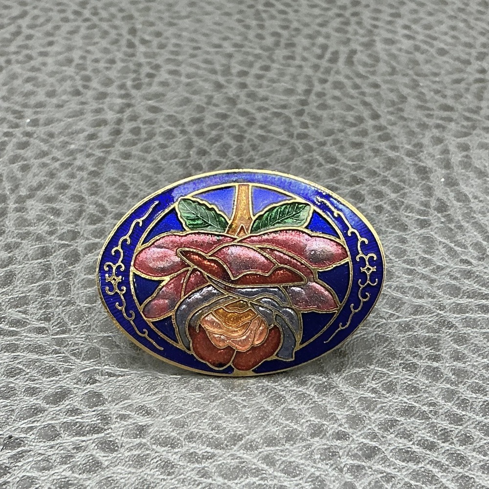 Vintage Scarf Clip Multicolor Enamel Oval Flower Cloisonne Gold Tone‎ Jewelry